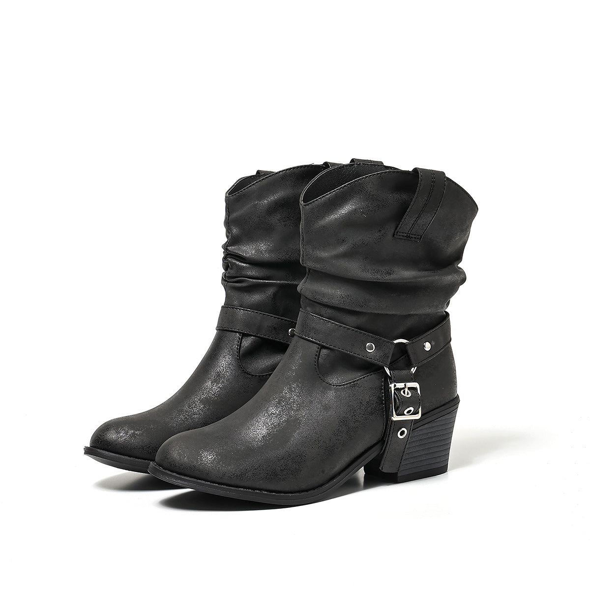Loose-fitting Studded-strap Mid-calf Boots With Chunky Heels And A Slimming Round Toe