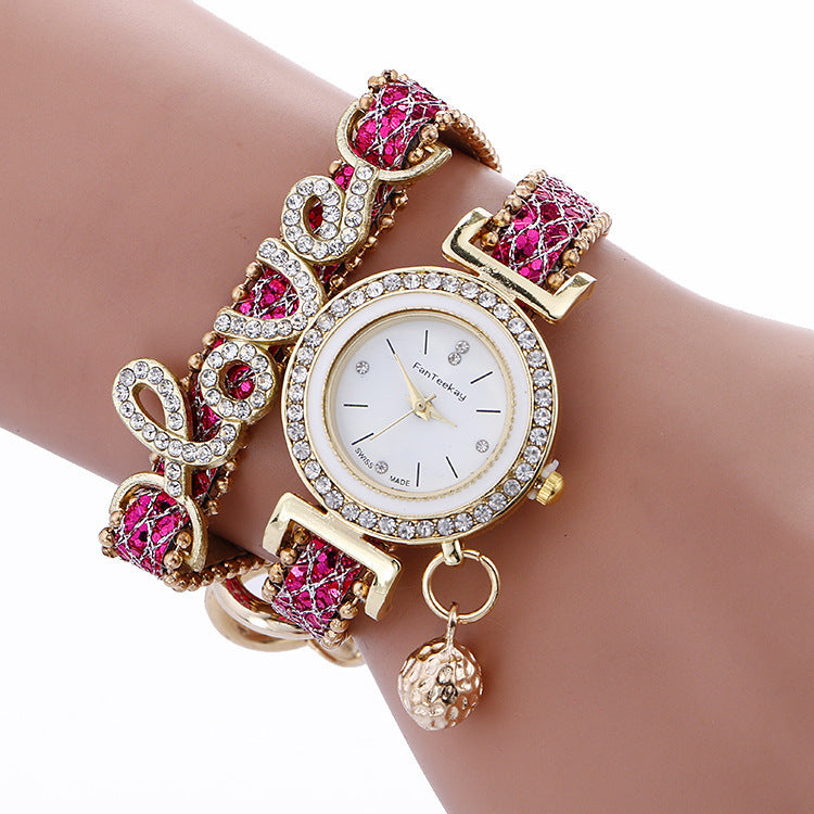 Crystal Leather LOVE Bracelet Womens Watch