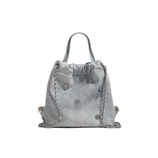 Denim blue chain backpack female, stylish and simple multi-functional portable shoulder bag, large capacity backpack with top handle