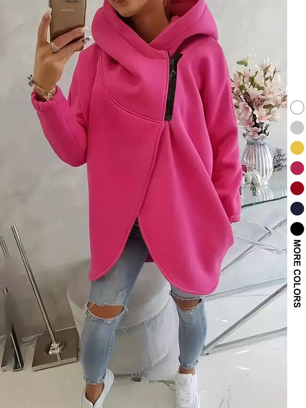 Womens Solid-color Long-sleeve Casual Hooded Sweatshirt