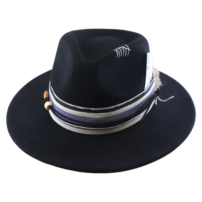 Wool Felt With Feathers Fallwinter Flat-brim Jazz Hat