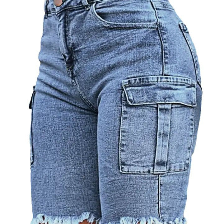 Stretch-washed High-rise Denim Shorts With Side Pockets And A High Stretch Factor