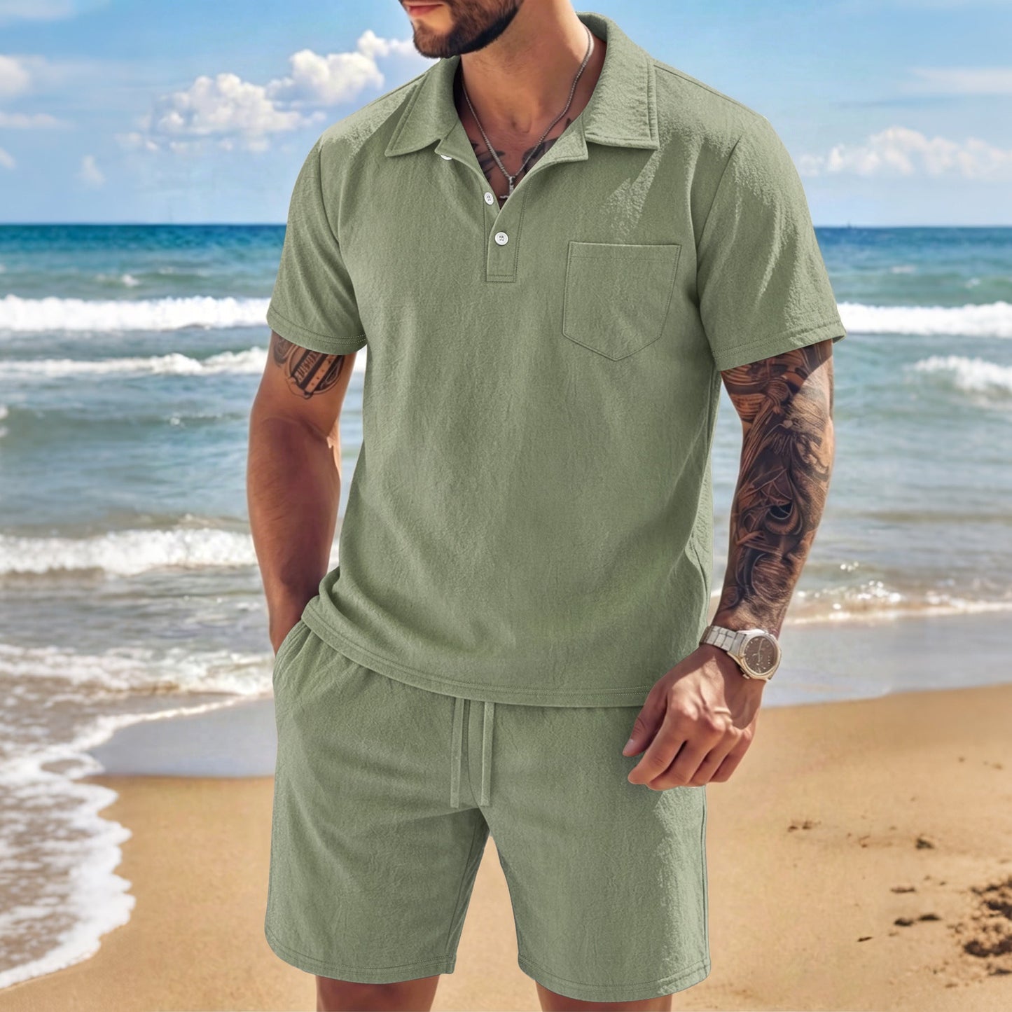 New Mens Summer Linen Two-piece Set
