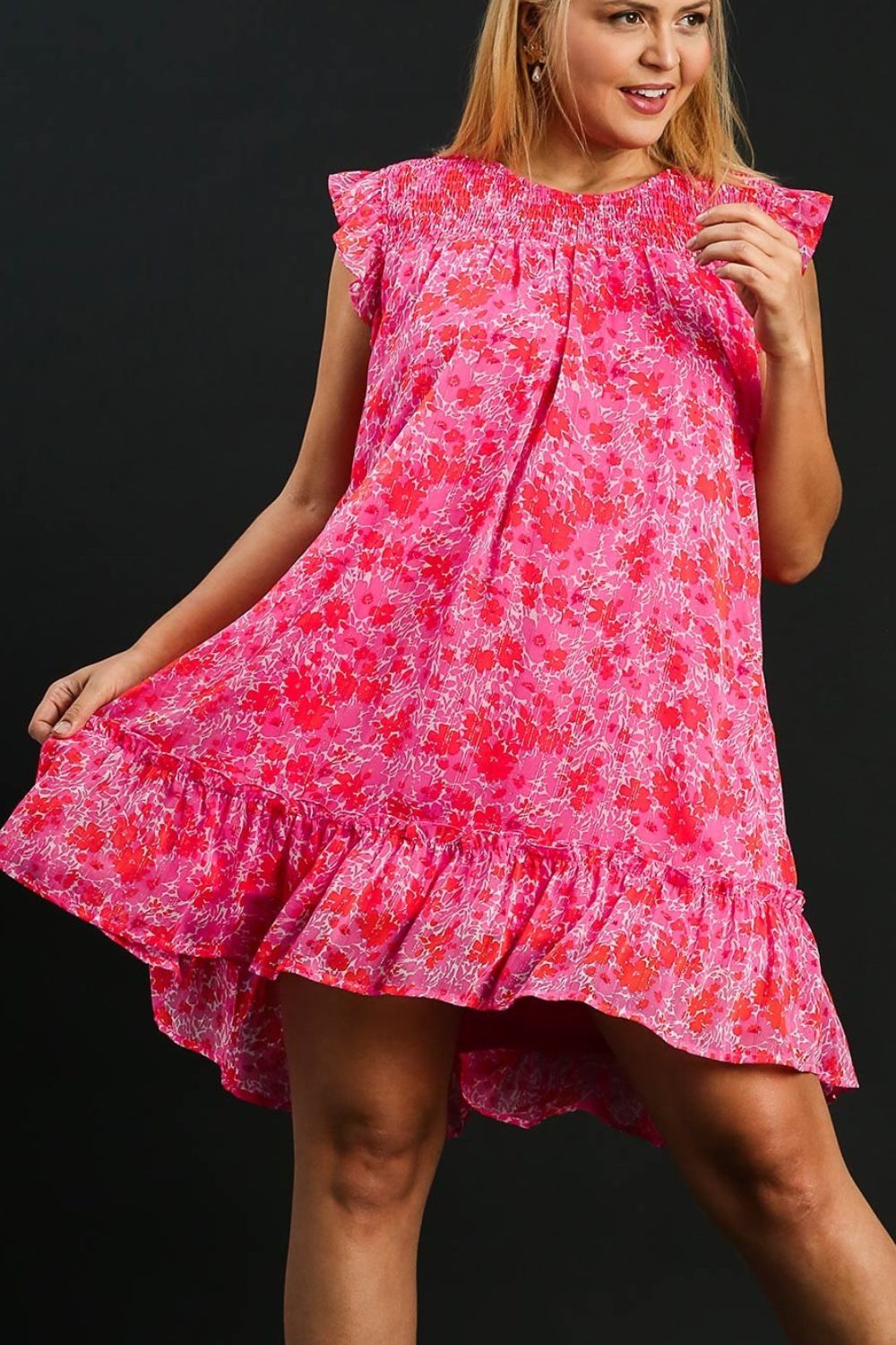 Pink Full Size Smocked Detail Floral Ruffle Cap Sleeve Dress Plus Size Glamorous & Feminine Dress