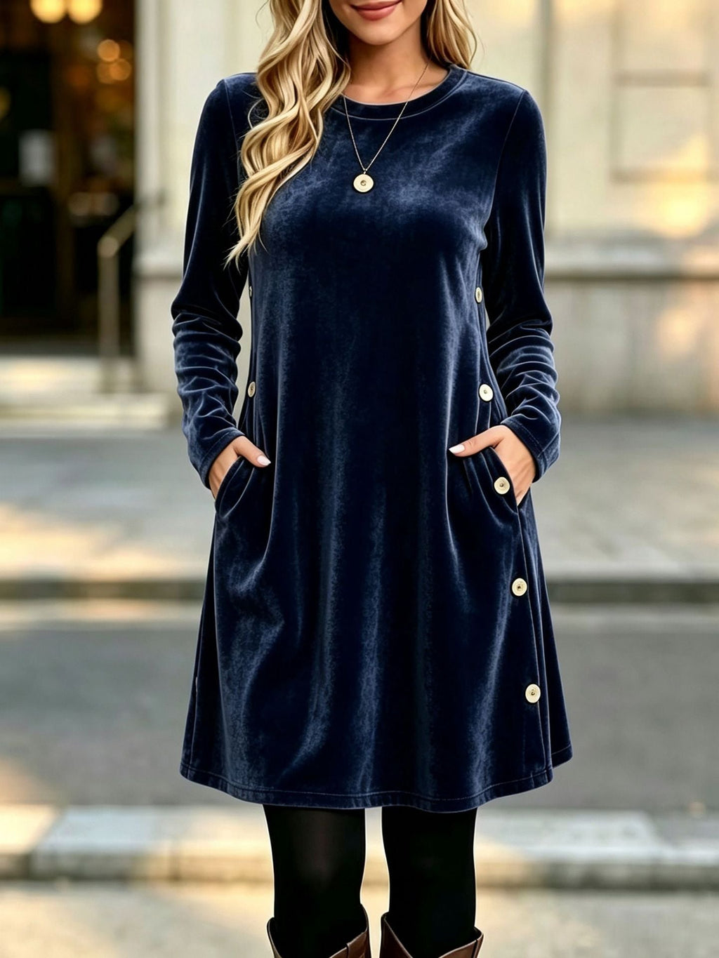 Womens Solid-color Velvet Long-sleeve Dress With Buttons