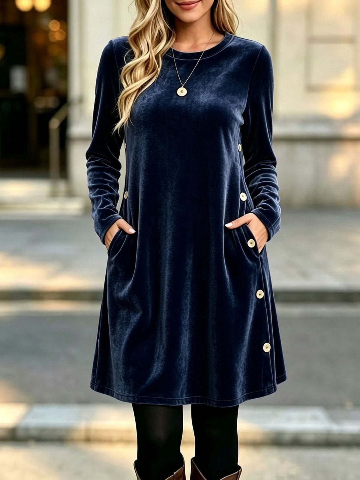 Womens Solid-color Velvet Long-sleeve Dress With Buttons