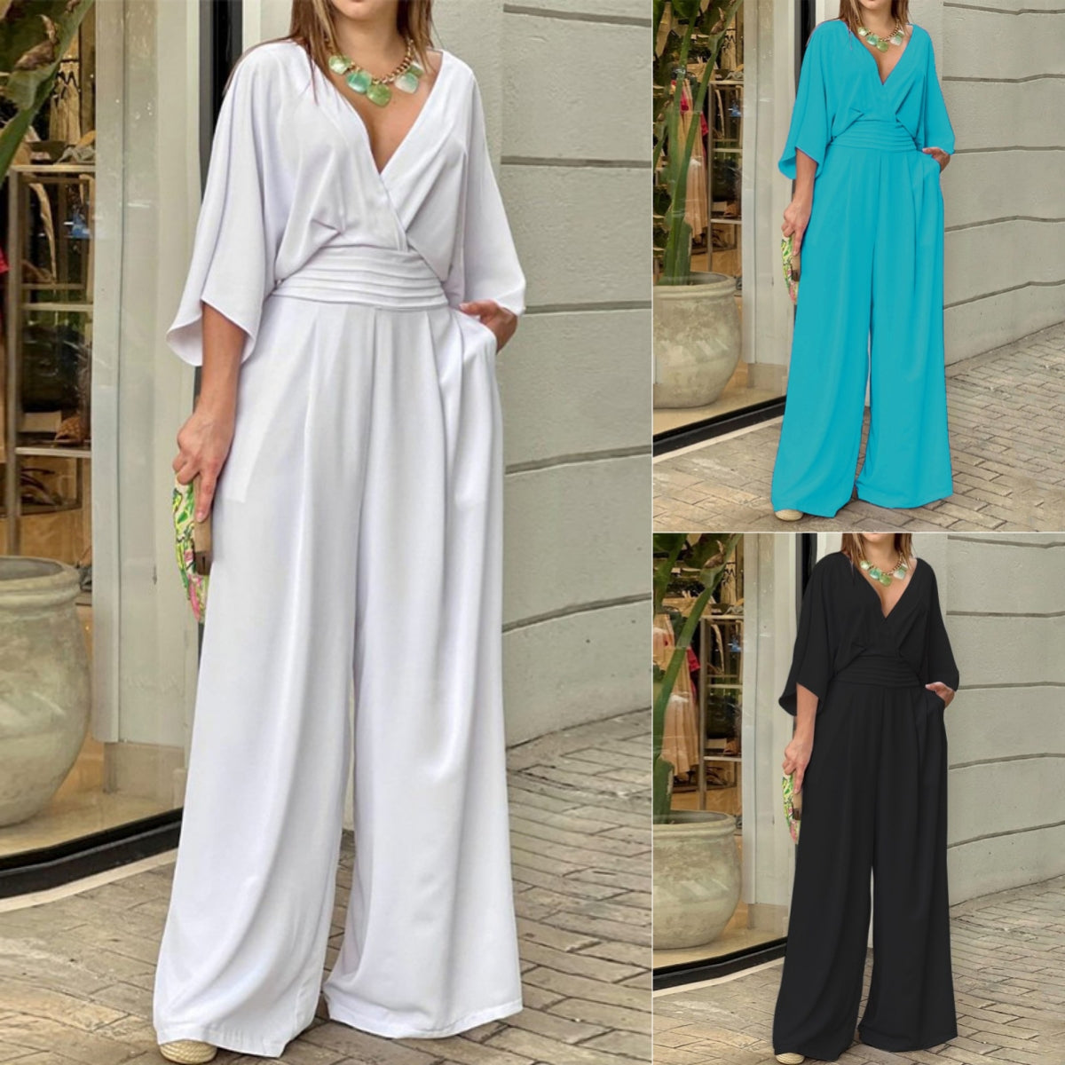 Women's Jumpsuit V-neck Solid Color Summer Trendy Fashion Short-sleeved Street Casual Jumpsuit Suit For Women Clothing