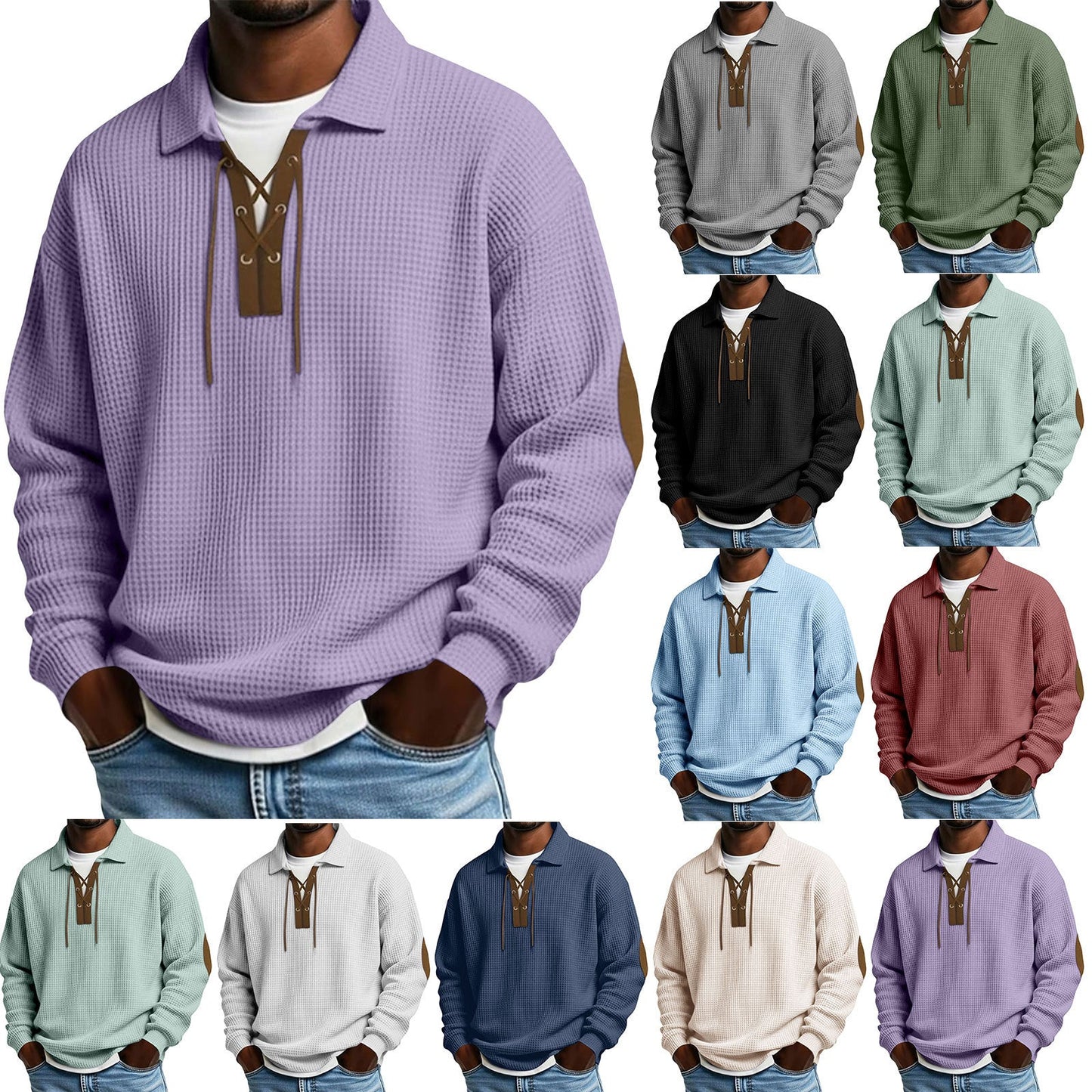 Mens Fashion Solid-Color Long-Sleeve Loose-Fit Sweatshirt