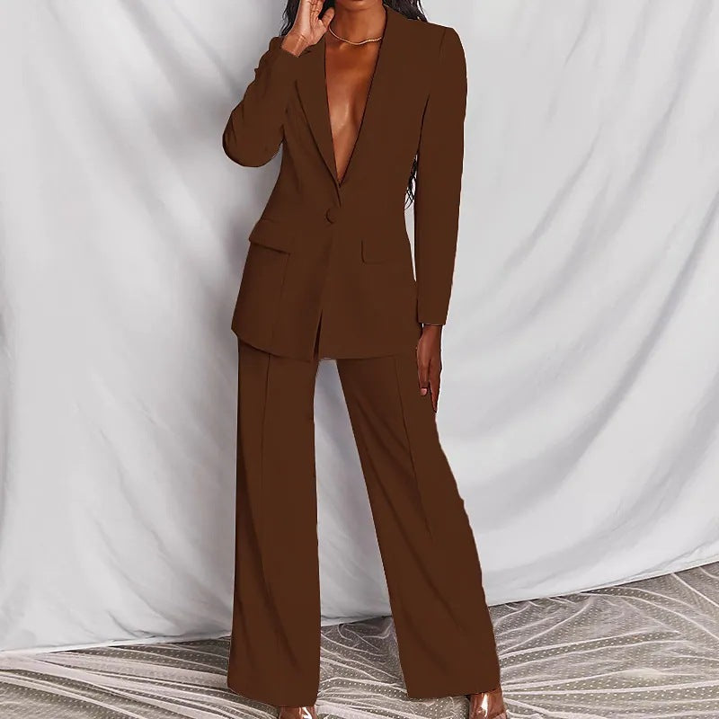 Lapel Button-Down Blazer & Straight-Leg Trousers Suit