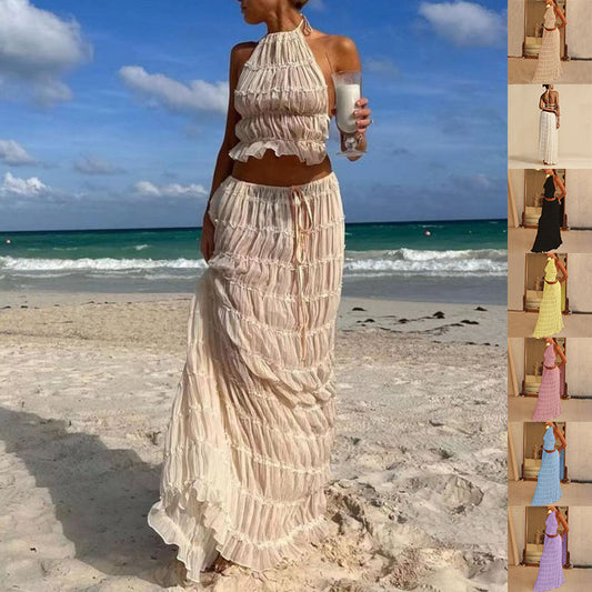 🌴 2-Piece Women's Beachwear Set – Sleeveless Halter Crop Top