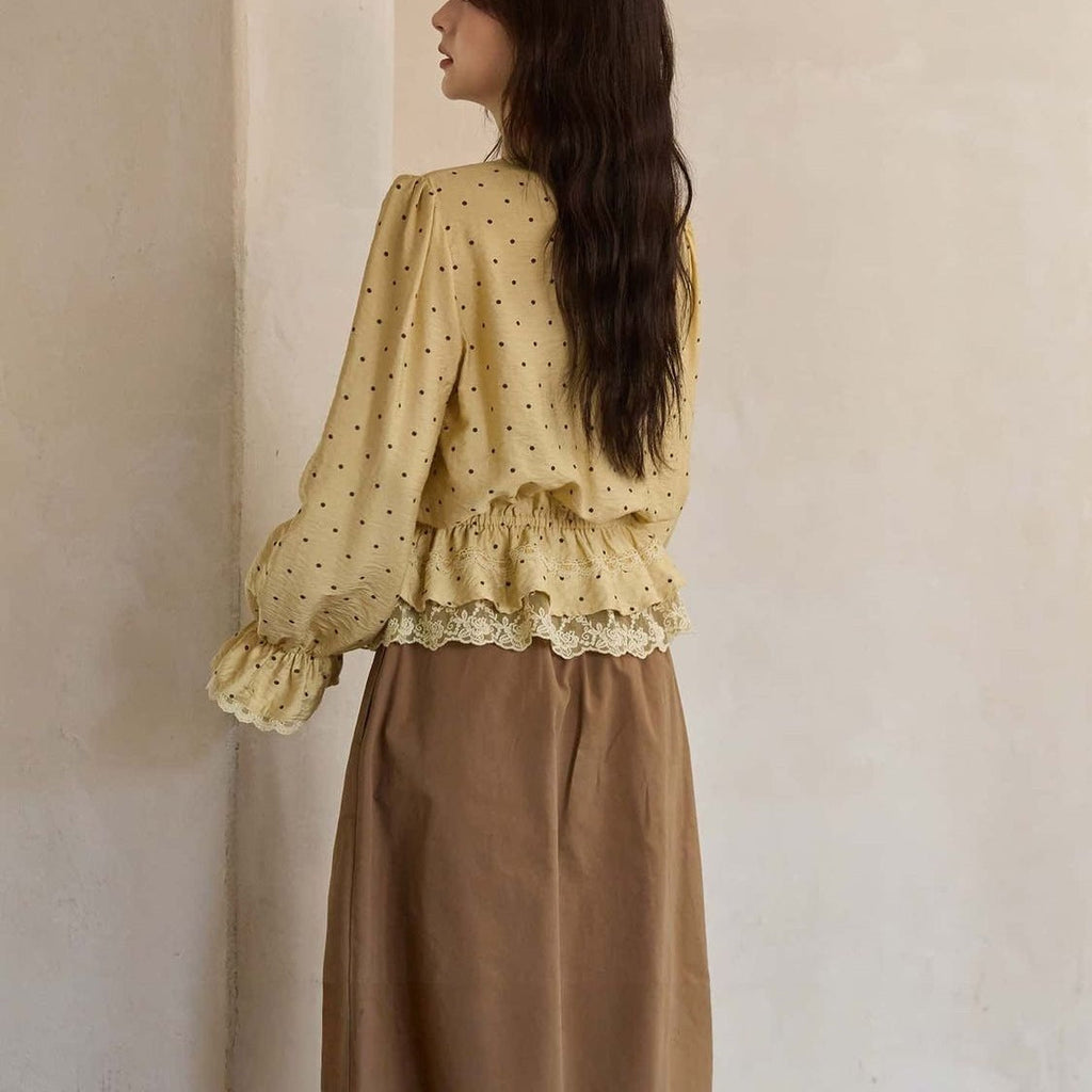 Yellow Polka-Dot Linen Blouse For Women Lace-Trimmed V-Neck Commuter-Style Designer Top