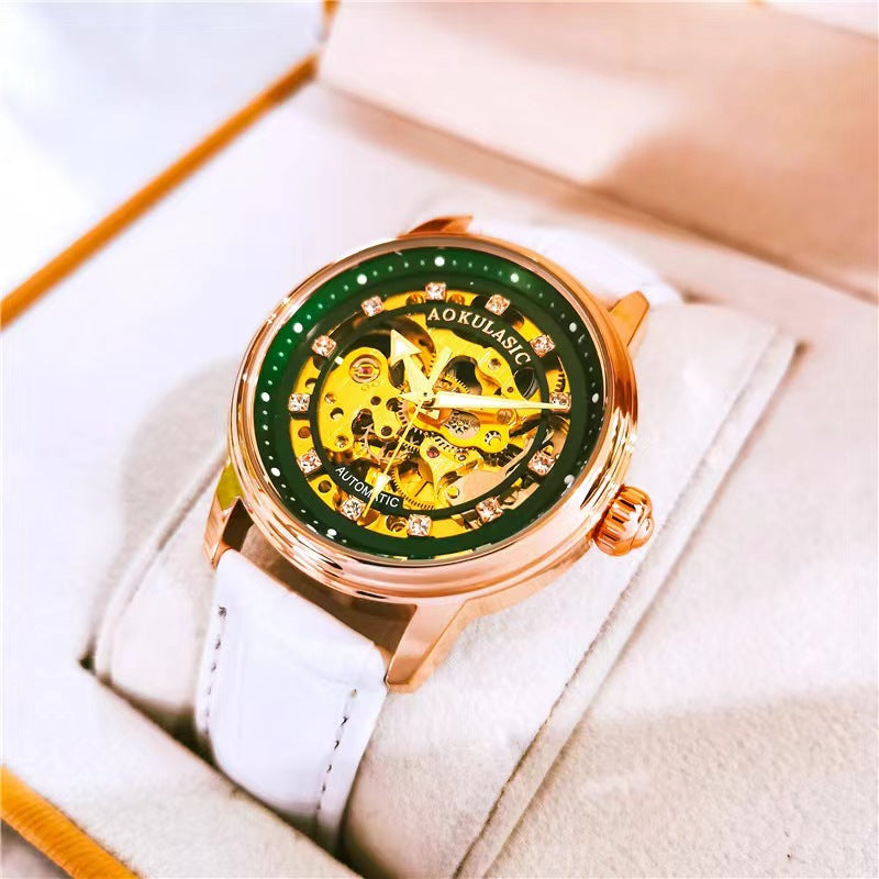 Hollow-Out Diamond-Encrusted Luminous Water-Resistant Mechanical Watch