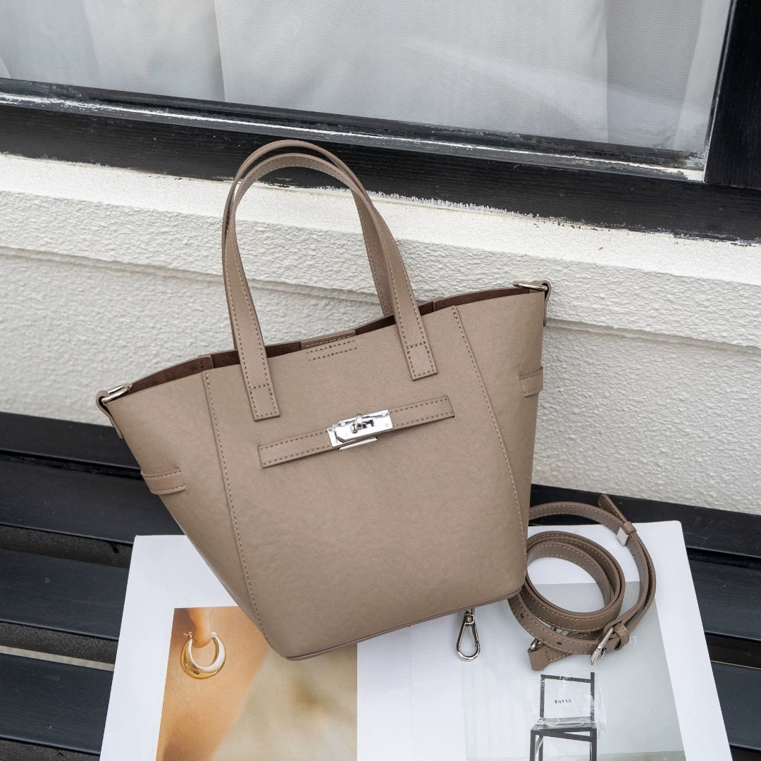 Custom Cross-Border Top-Grain Vegetable-Tanned Leather Basket Bag, Large-Capacity Commuter Elegant Women's Genuine Leather Handbag