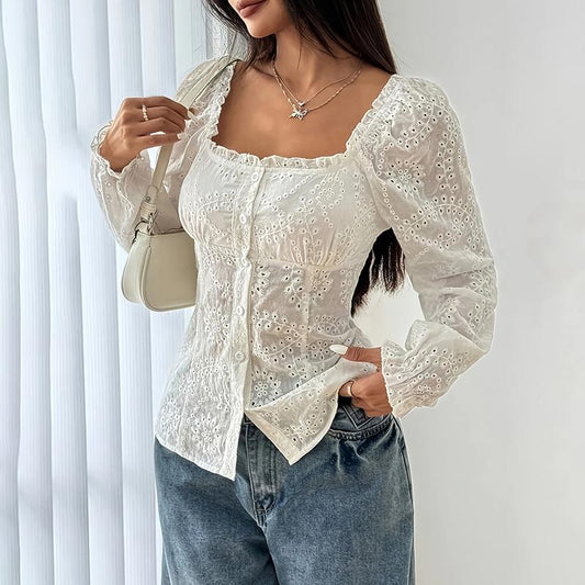 Women’s Square Neck Eyelet Lace Blouse – Puff Sleeve Hollow-Out Button Top
