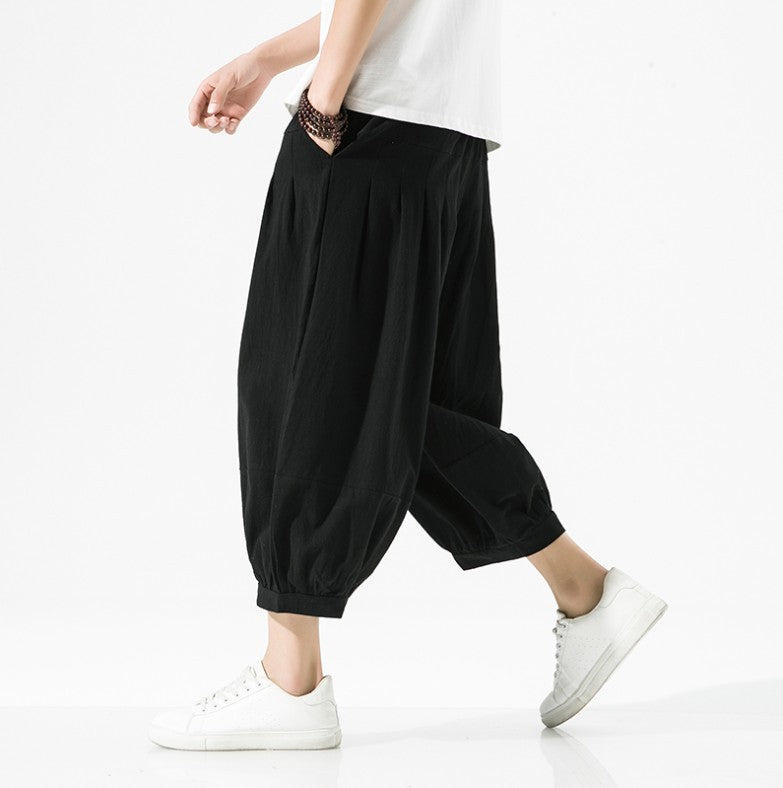 Mens Casual Cotton-Linen Wide-Leg Pants