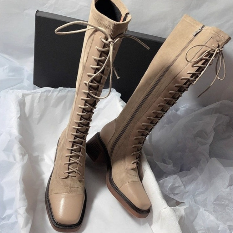 Stitched Round-toe Lace-up High-top Womens Boots