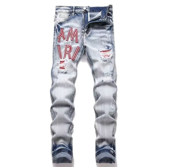 Punk Retro Blue Ripped Slim Fit Men's Jeans
