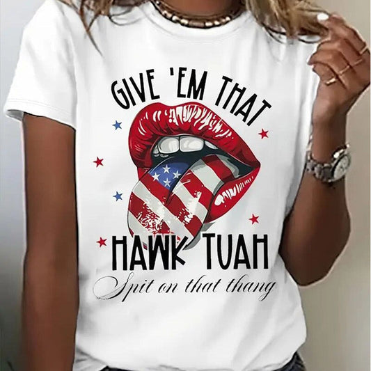 Women's Round Neck American Flag Lips & Stars Print Summer Top