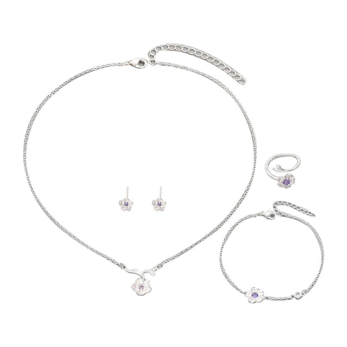 Ins Gentle Japanese Korean Style Women Jewelry Set, Cubic Zirconia Inlaid Cherry Blossom Design Long Necklace Ring Earrings Matching Accessories
