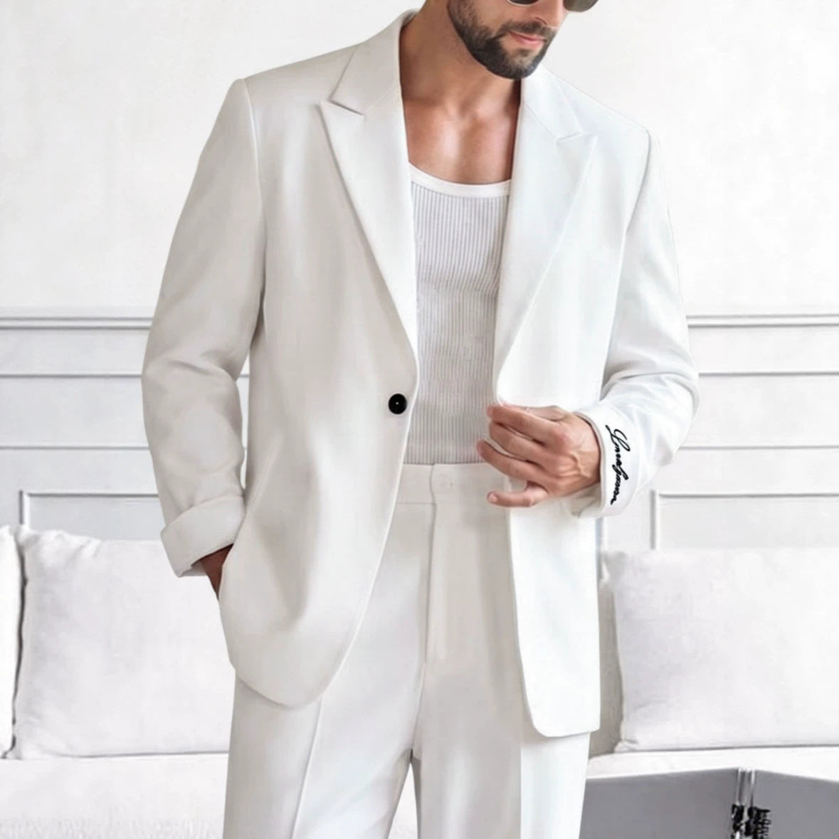 Mens White Suit With Embroidered Tailoring
