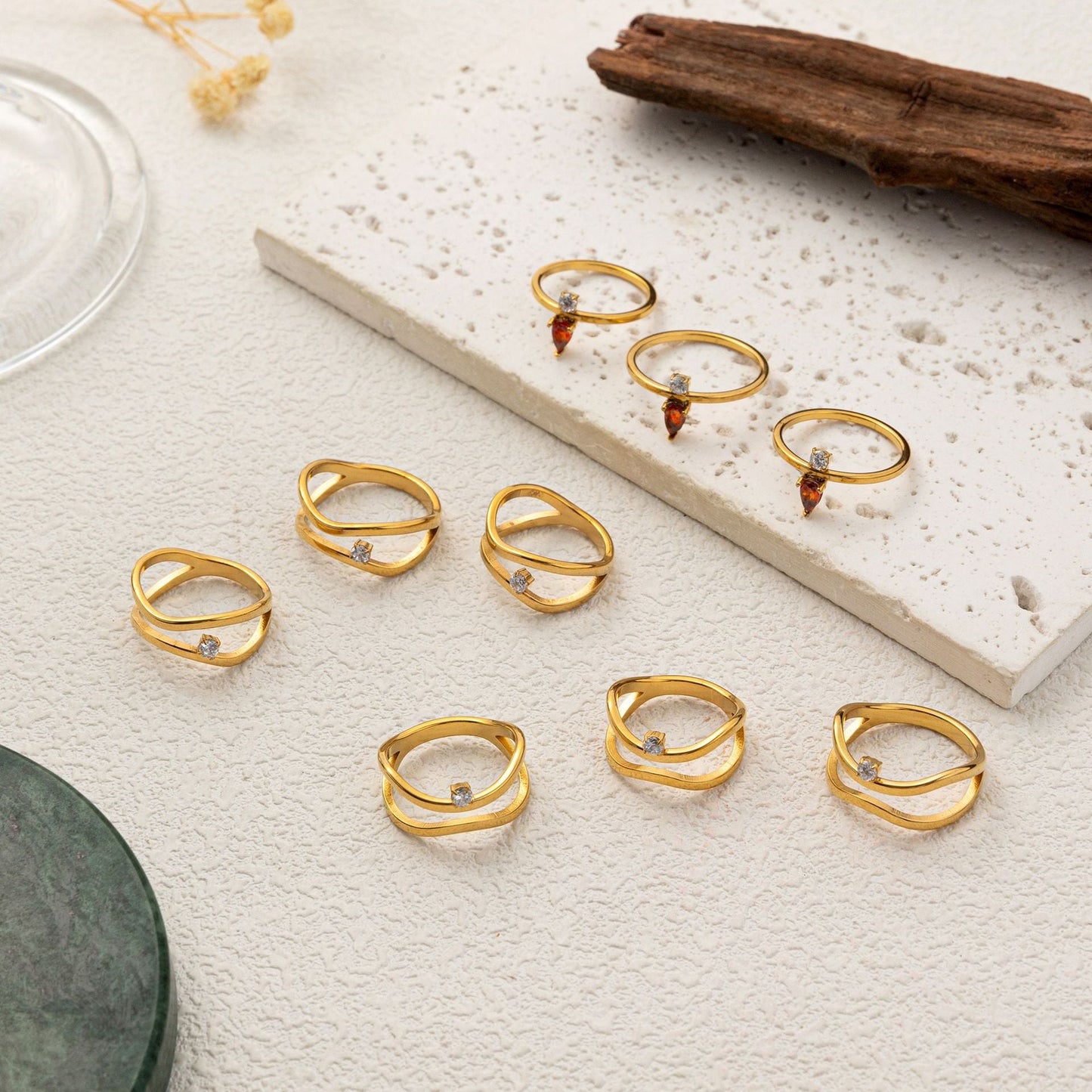 Stainless Steel Gold Water-drop Diamond Ring