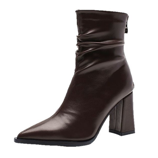 Pointed-toe Velvet-lined Warm High-heeled Boots For Women