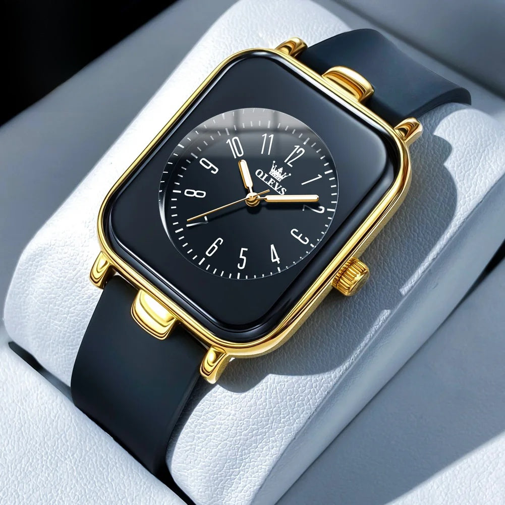 Damen Quarz-Armbanduhr, rechteckig, goldfarben, Silikonarmband