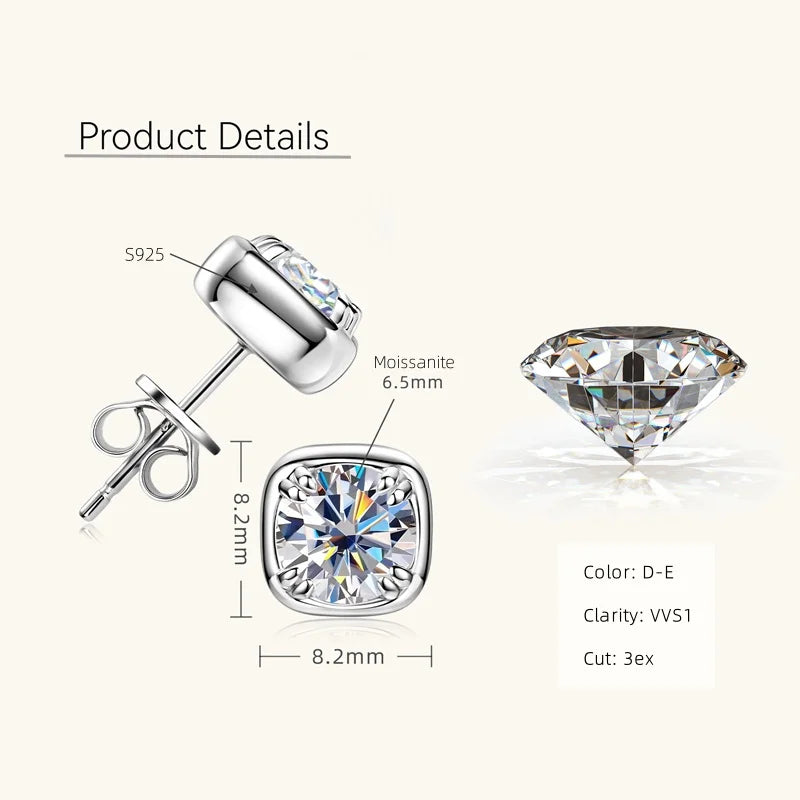 Boucles d'oreilles clous en moissanite ronde 1 carat 6,5 mm, serti carré en argent sterling 925