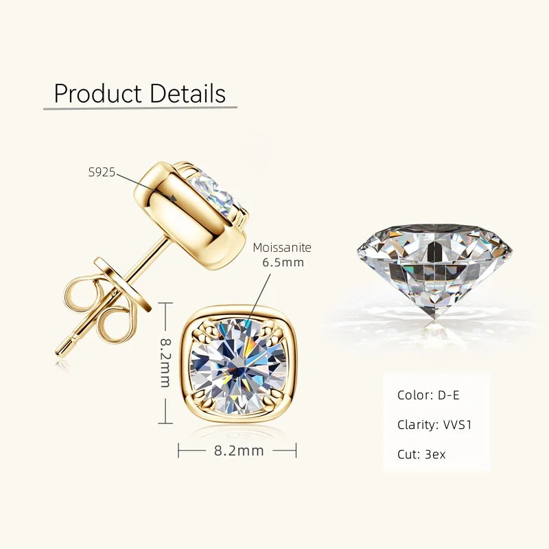 Boucles d'oreilles clous en moissanite ronde 1 carat 6,5 mm, serti carré en argent sterling 925