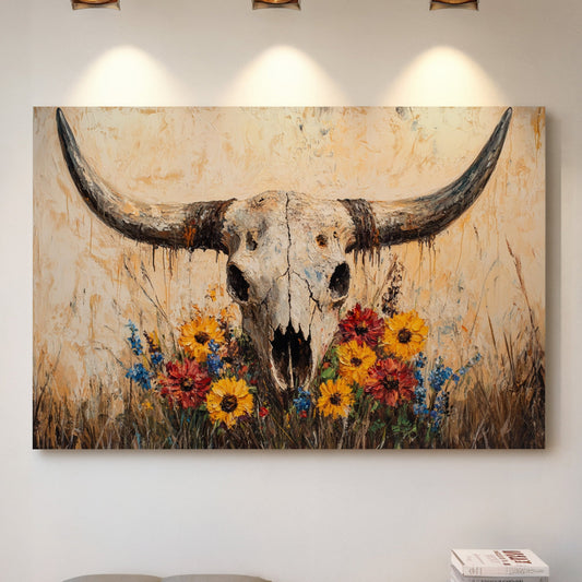 Crâne de longhorn avec fleurs sauvages