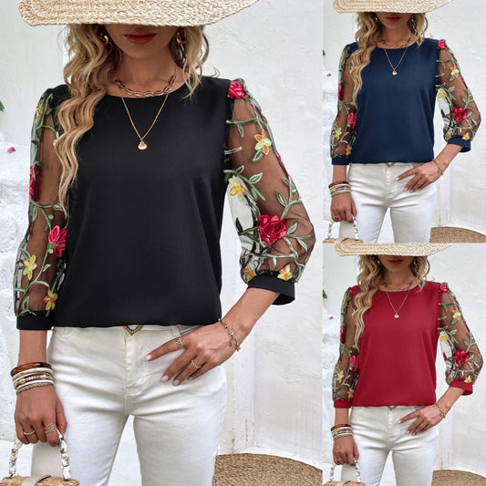 Women's Mesh Patchwork Three-Quarter Sleeve Top – Casual Chic