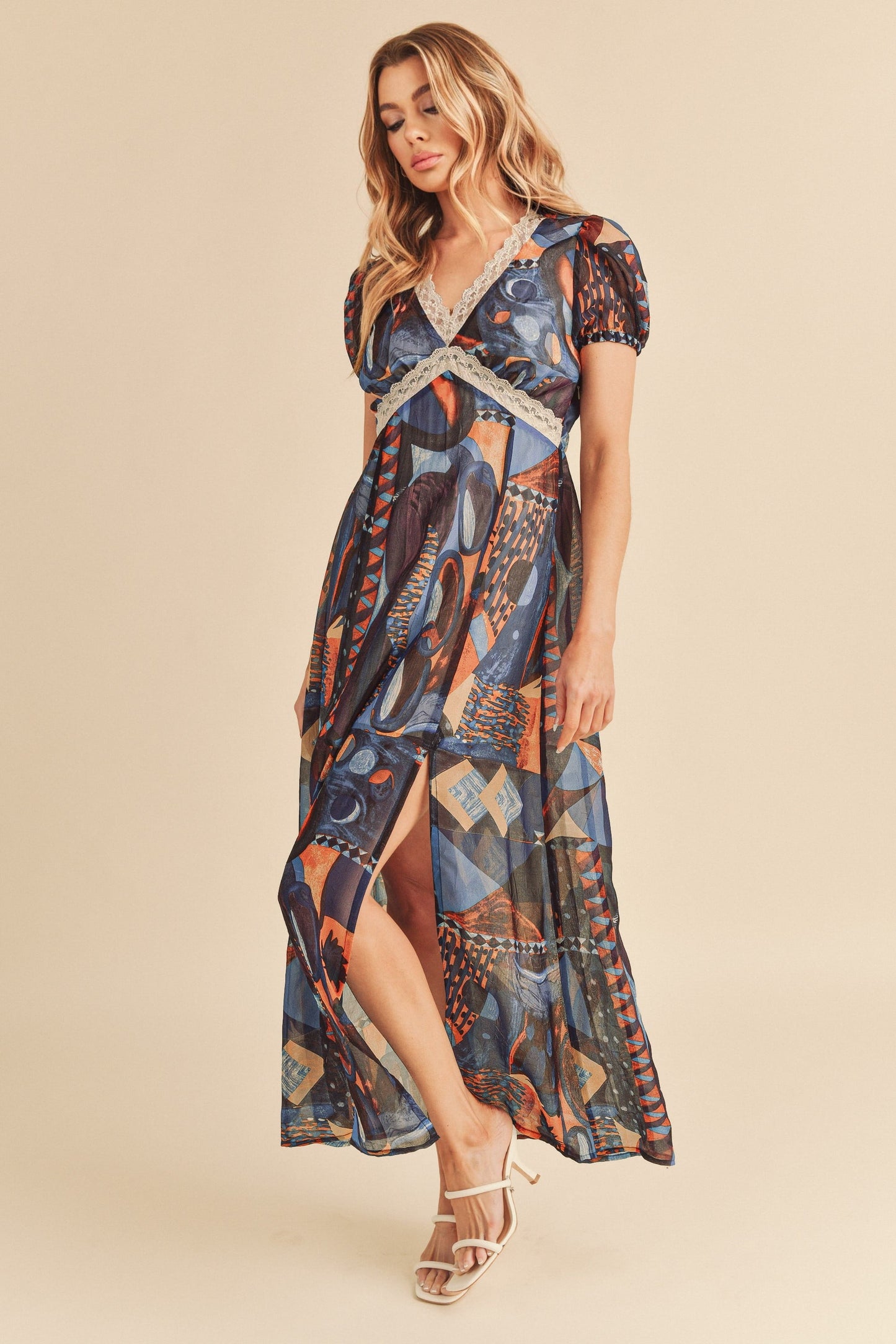 Lace Detail Slit Geometric Print Short Sleeve Comfortable Maxi Dress For Women, Elegant Lace, Alluring Slit, Sophisticated Geometric Print for Casual & Dressy Occasions