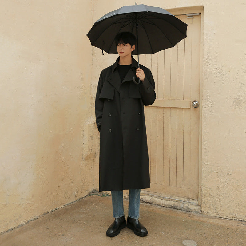 Double Breasted Trench Coat Men Mid Length Loose