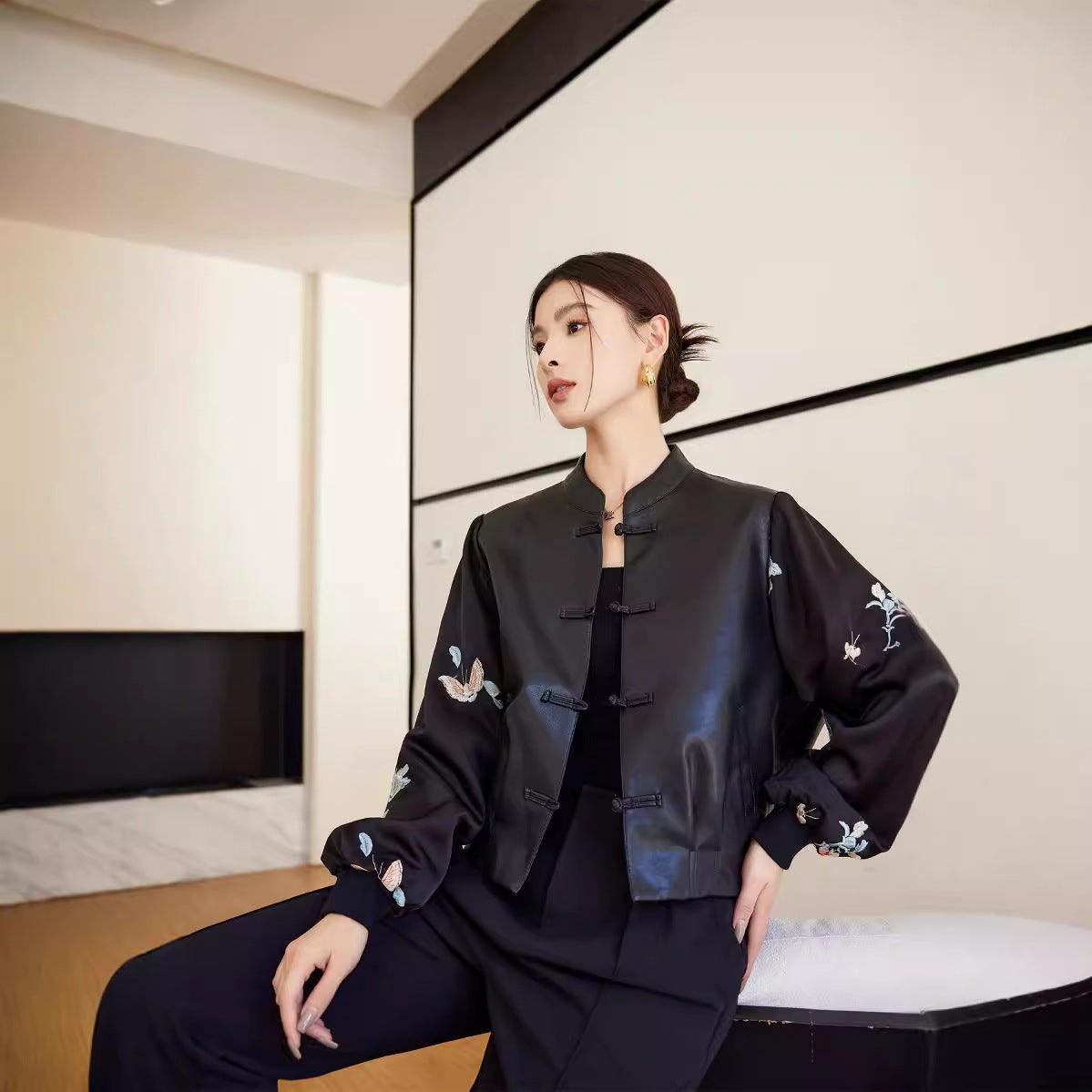 New Chinese Style Stitching Leather Coat Women's Retro Women's