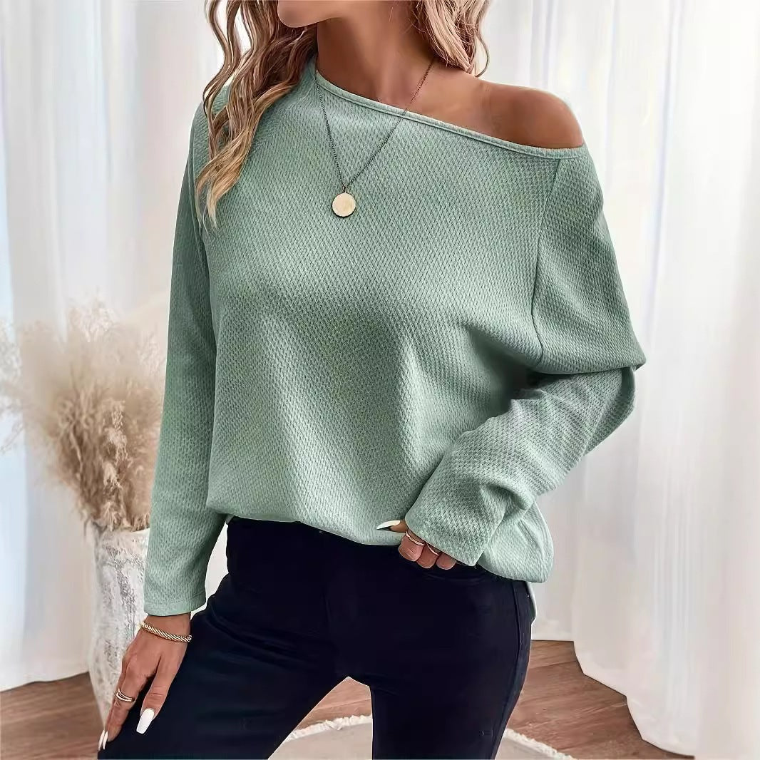 Autumn New Arrival  Solid Color Waffle-Knit Off-Shoulder Pullover Top For Loungewear