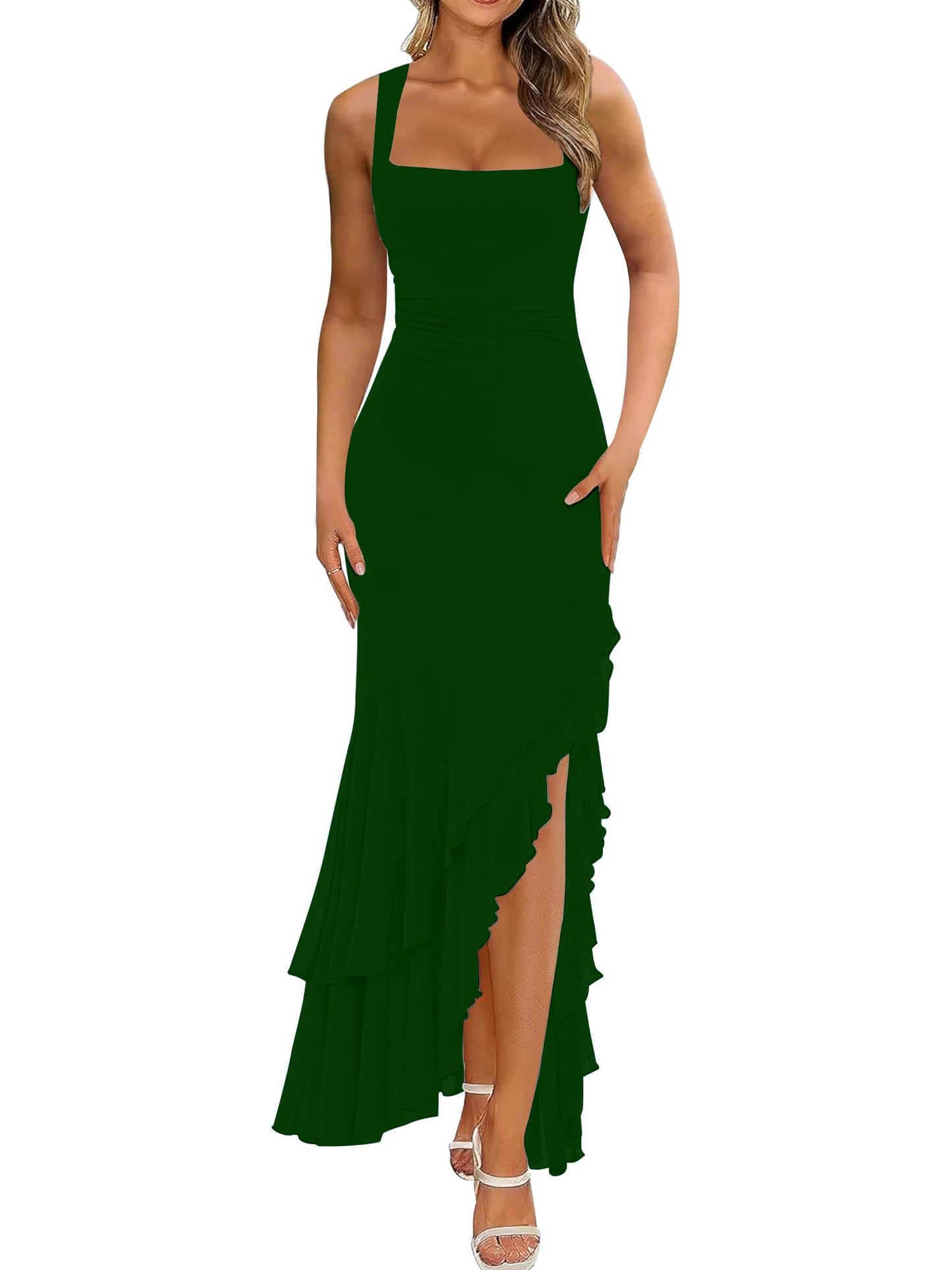 BORIFLORS Women's Elegant Bodycon Ruched Maxi Cocktail Dress Mesh Sleeveless Mermaid Ruffle Beach Wedding Guest Long Dresses