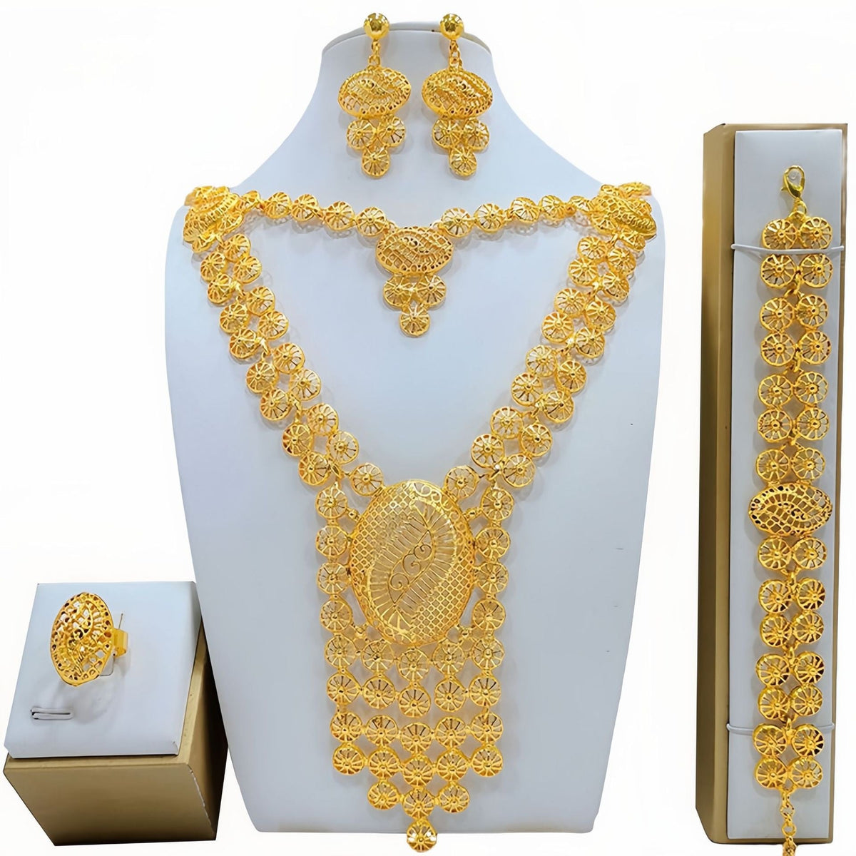 Gold Jewelry Suit Arabic Bridal Wedding Necklace Bracelet Earrings Ring