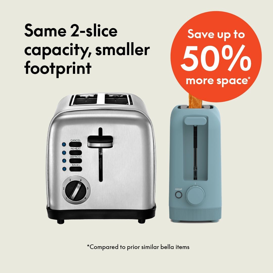 bella 2 Slice Slim Toaster, Fits-anywhere™ Kitchenware, 6 Setting Shade Control with Reheat & Cancel Buttons, Fits sourdough, 10” Long Slot, Anti Jam & Auto Shutoff, 900 Watt, Oatmilk