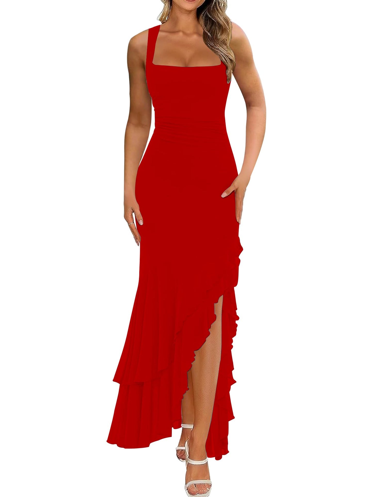 BORIFLORS Women's Elegant Bodycon Ruched Maxi Cocktail Dress Mesh Sleeveless Mermaid Ruffle Beach Wedding Guest Long Dresses