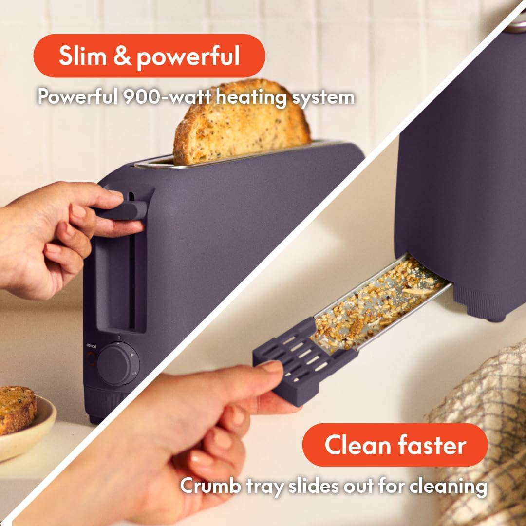 bella 2 Slice Slim Toaster, Fits-anywhere™ Kitchenware, 6 Setting Shade Control with Reheat & Cancel Buttons, Fits sourdough, 10” Long Slot, Anti Jam & Auto Shutoff, 900 Watt, Oatmilk