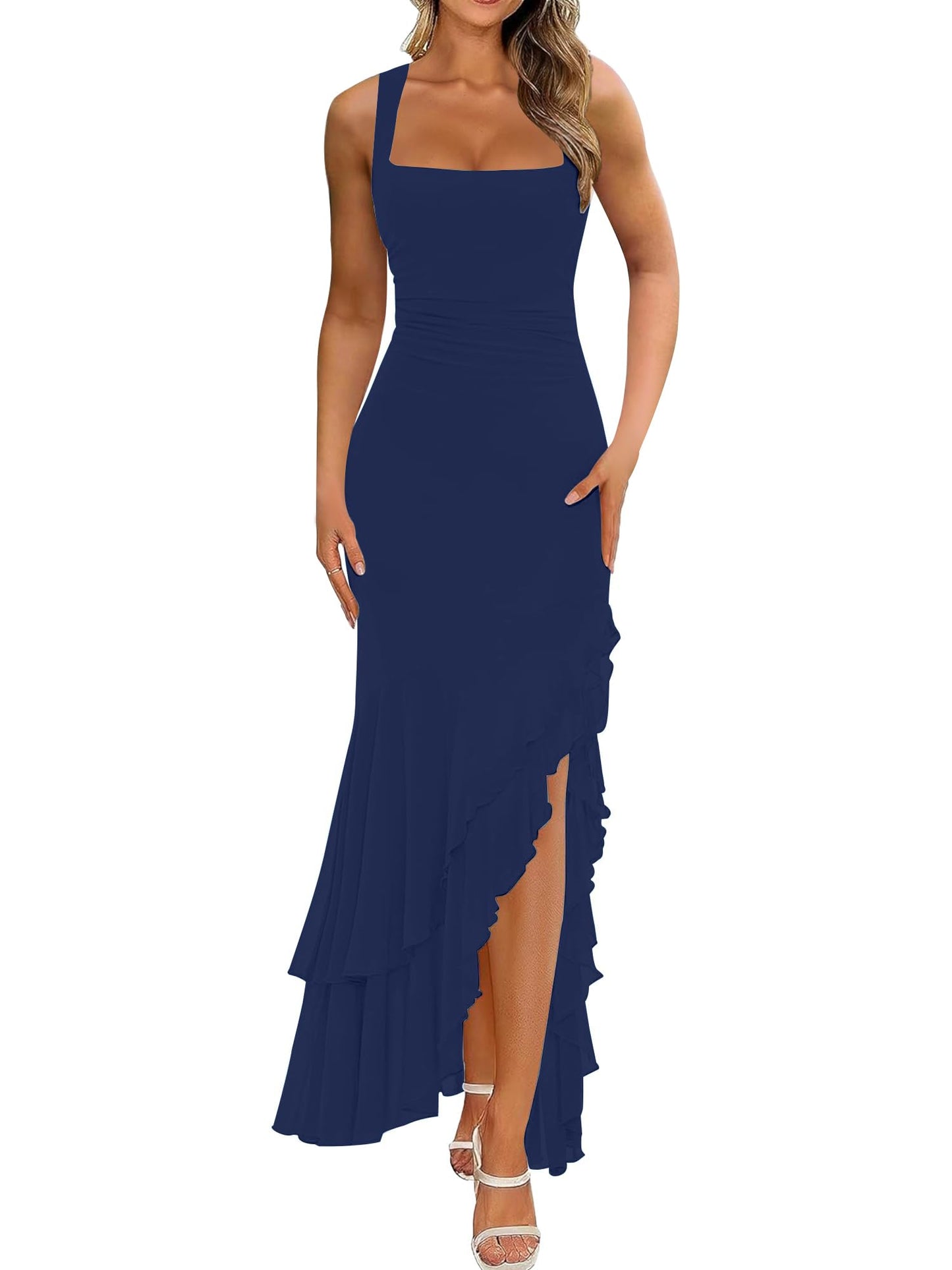 BORIFLORS Women's Elegant Bodycon Ruched Maxi Cocktail Dress Mesh Sleeveless Mermaid Ruffle Beach Wedding Guest Long Dresses
