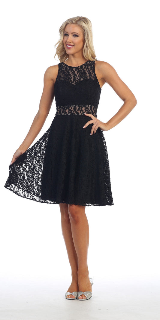 CLEARANCE - Celavie 6201s Sleeveless Black Lace Dress Knee Length (Size L)