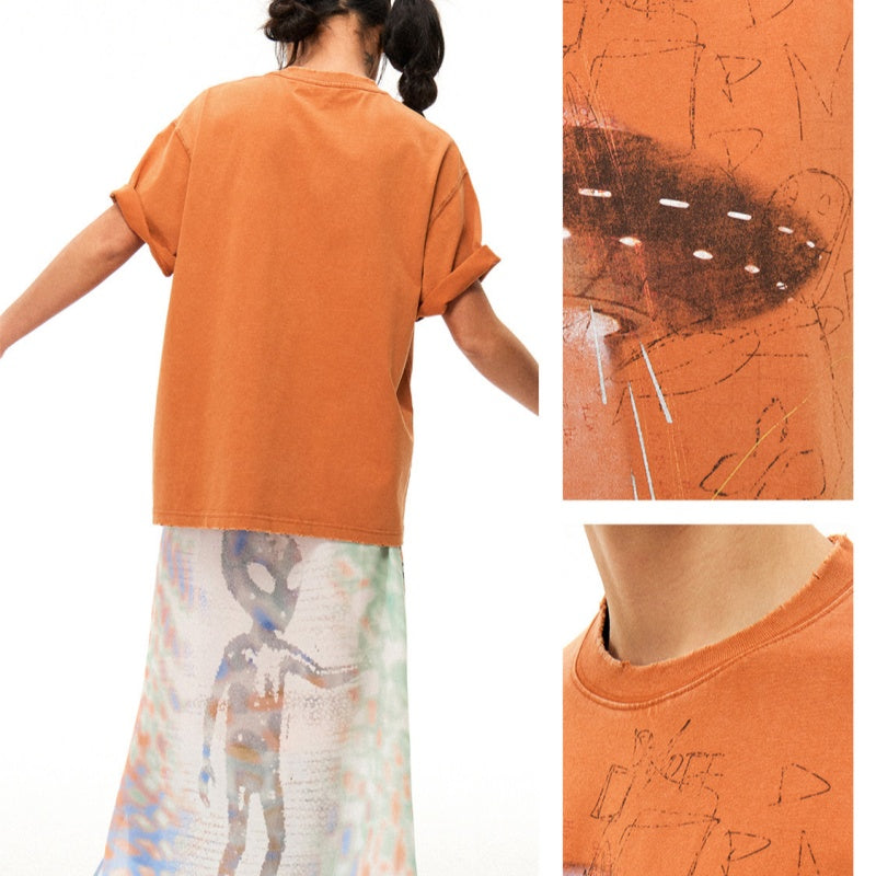 Orange Short-Sleeve T-Shirt With A Flying Saucer And Piglet Print