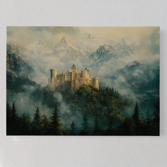 Château de Misty Mountain : Tableau sur toile « Paysage Fantastique Éthéré »
