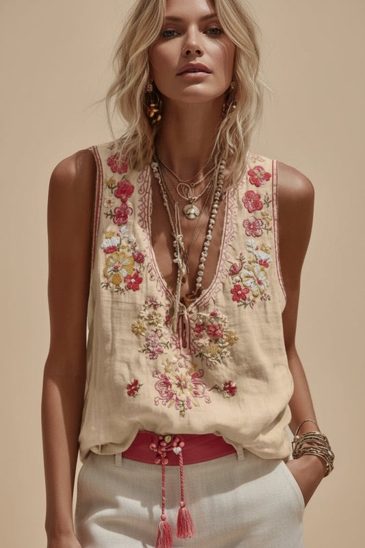 Women's Botanical Floral Print V-Neck Tank Top – 3D Digital Print