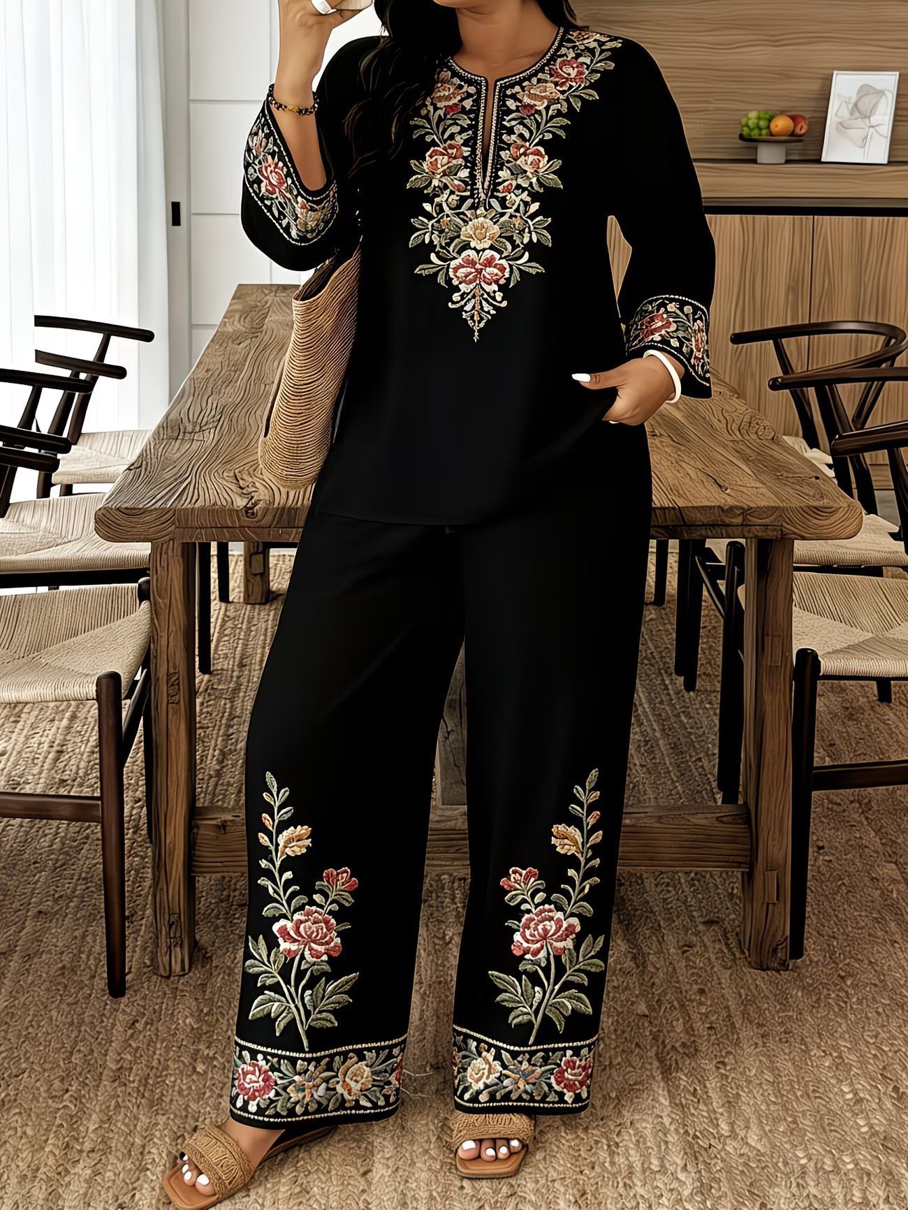 Women’s Ethnic Two Piece Set with Long Sleeve Shirt and Cropped Pants