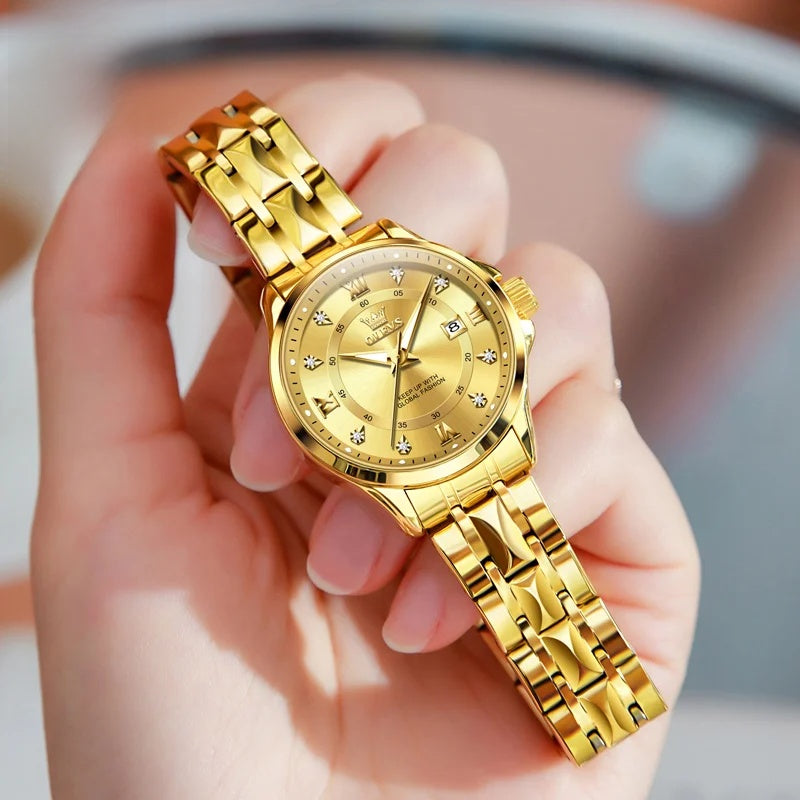 Damen Goldene Edelstahl-Armbanduhr mit kleinem Zifferblatt und Datumsanzeige
