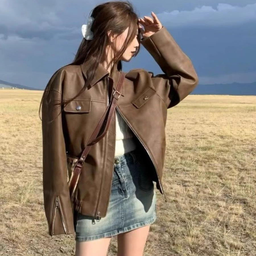 Women's Casual American Retro Solid Color Loose Leather Coat