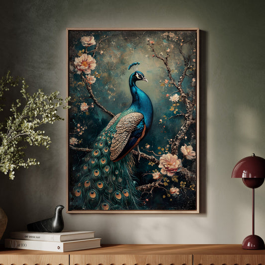 Vintage Peacock & Blossoms – Elegant Wall Art for Timeless Décor