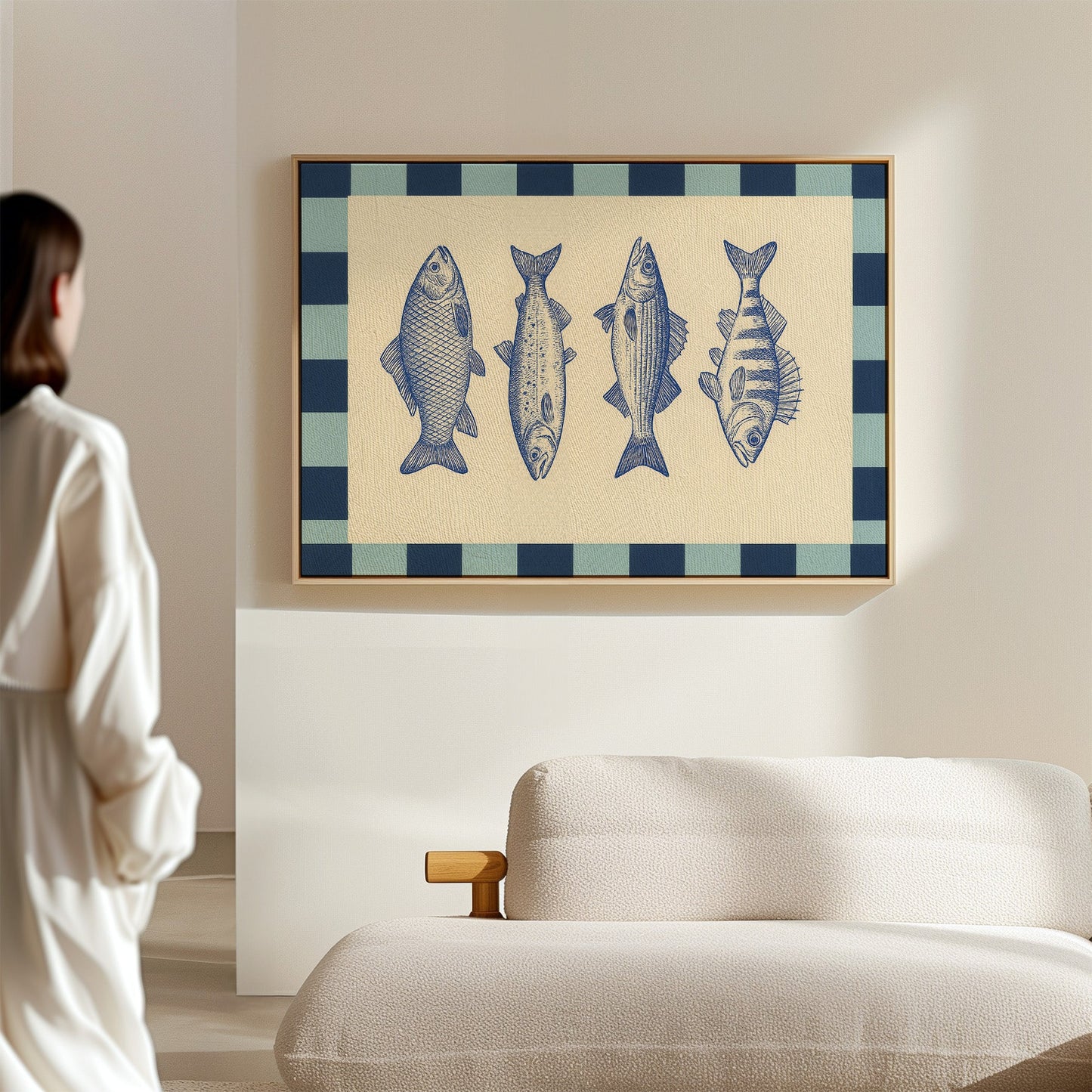 Quatuor de poissons vintage sur un damier bleu